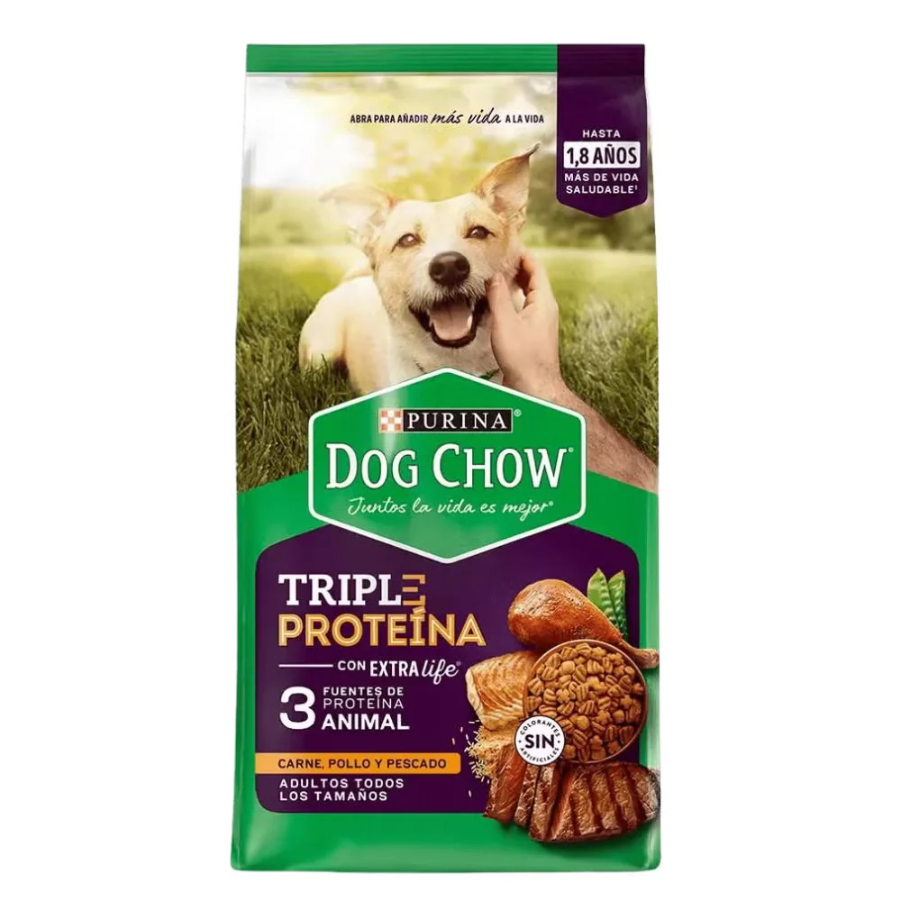 Dog Chow Adulto todos los tamaños, Triple Porteina sabor Carne, Pollo y Pescado 22.7 kgs