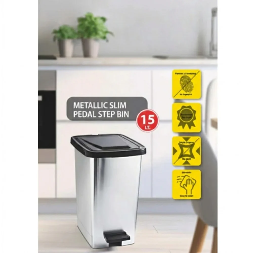 Alfa Hogar Papelera Pedal Bin Plástica Look Metal Slim 15Lt - Image 2
