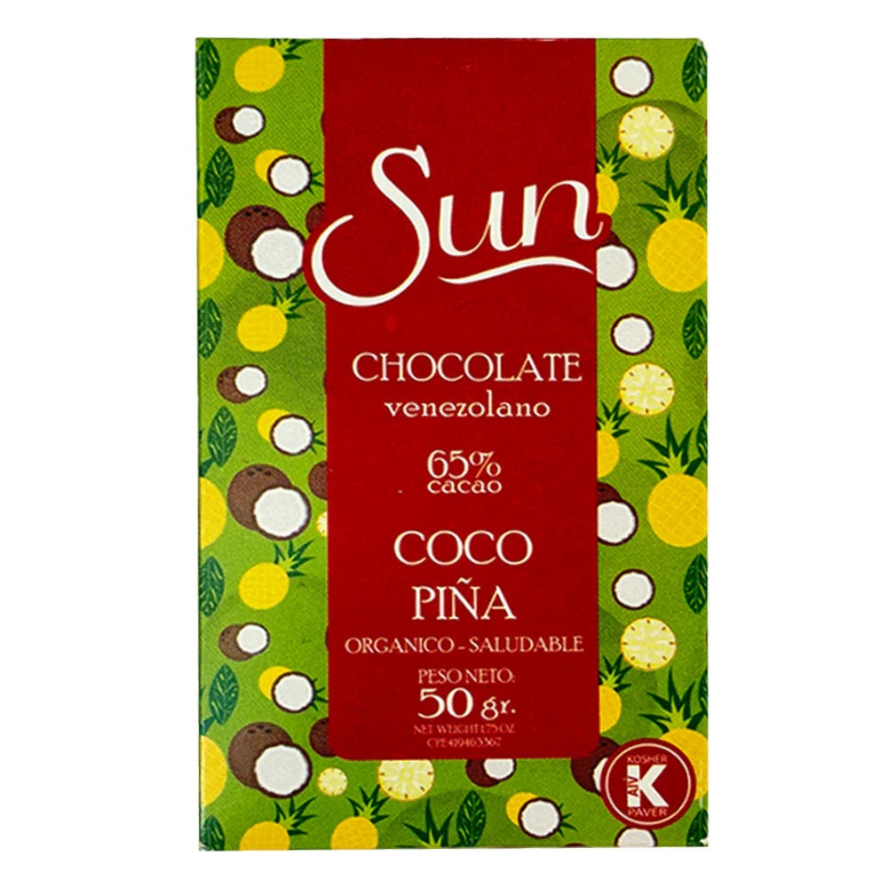 Chocolate Sun Chocolate Venezolano 65% Cacao Coco Piña Orgánico y Saludable 50gr