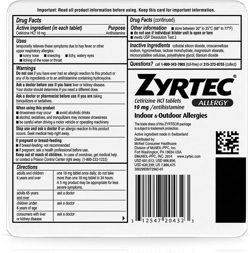 Zyrtec Allergy Ceritizine Hci Antihistamine 10 mg 70und - Image 2