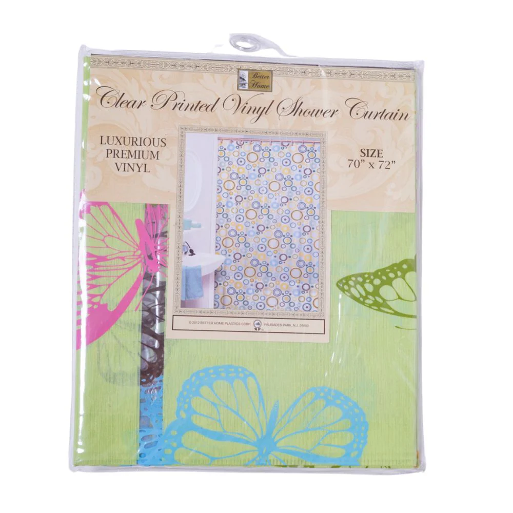Cortina Para Ducha Clear Printed Vinyl Shower Curtain  70" x 72" Verde con Mariposas