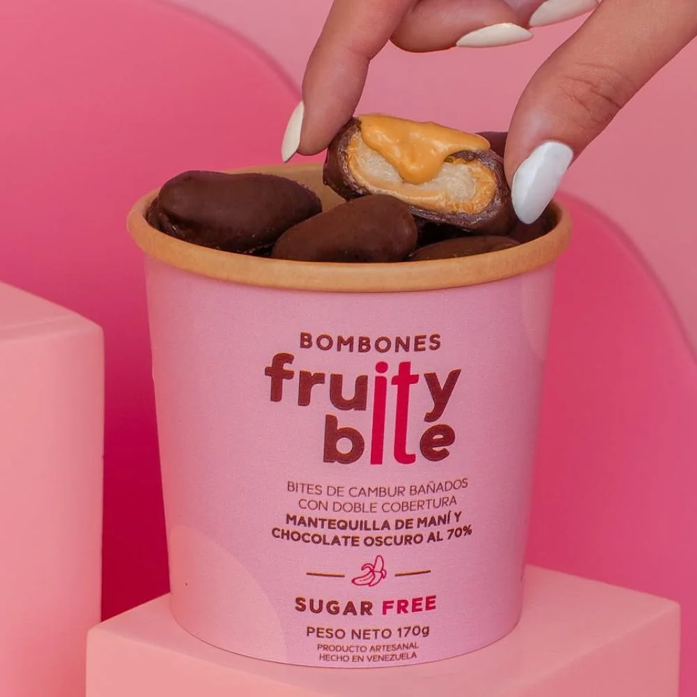 Fruity Bites Sugar Free Bites de Cambur Bañados con Doble Cobertura Mantequilla de Mani y Chocolate Oscuro al 70% 170gr