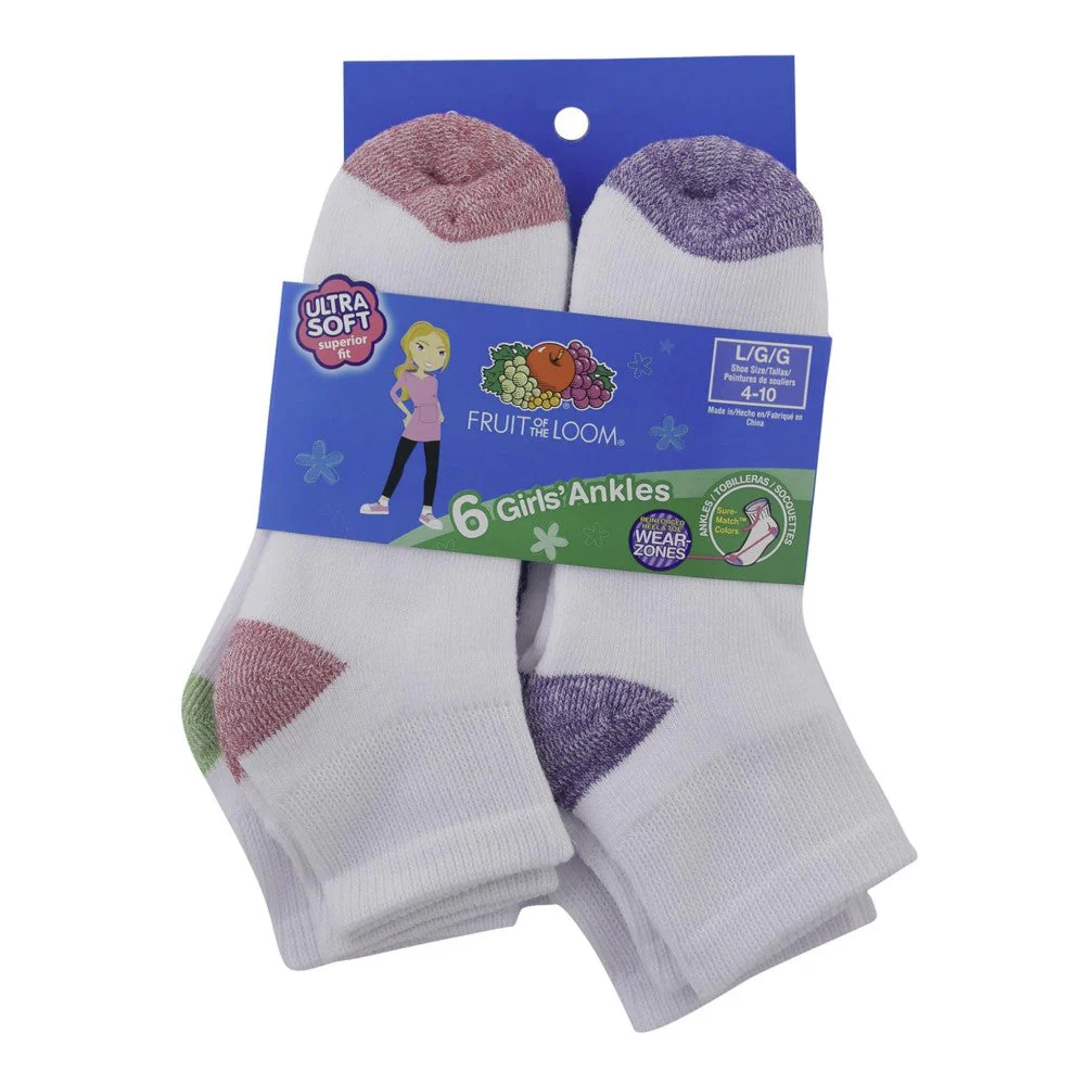 Medias Fruit Of The Loom 6 Unidades  Ultra Soft Girlsʼ Ankles L/G/G 4-10 Color Blanco y Morado