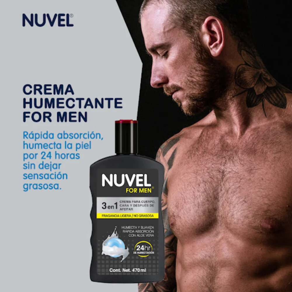 Nuvel For Men 3en1 Crema Para Cuerpo, Cara Y Después De Afeitar 470ml - Image 2